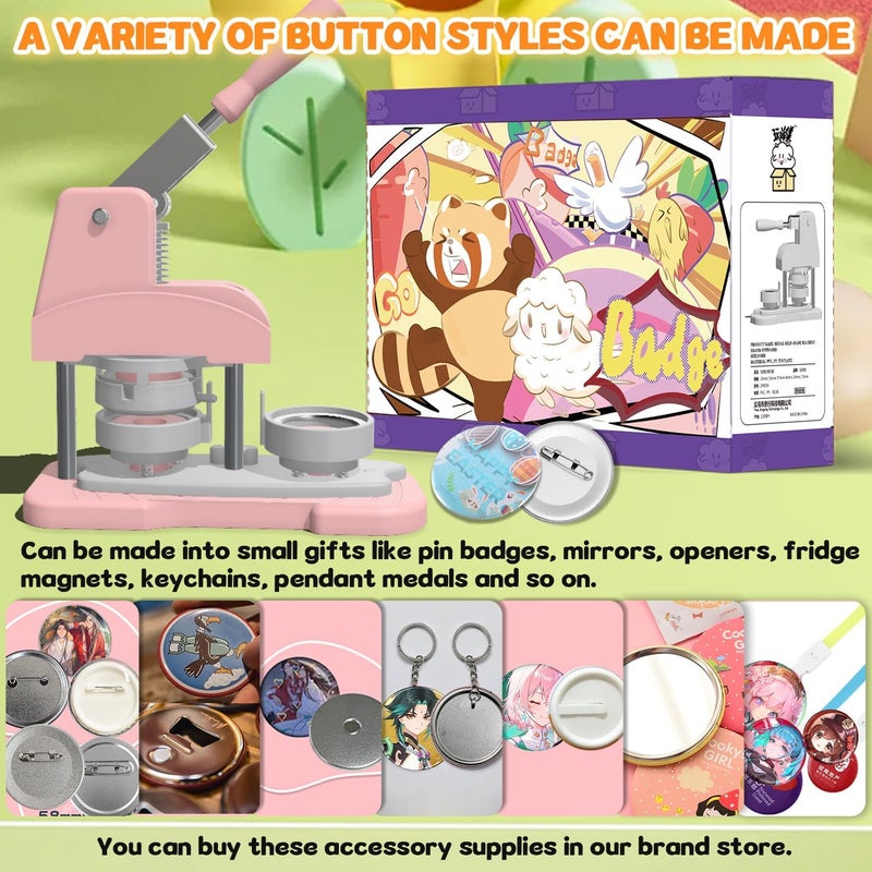 ppttoodd Pink Button Maker Machine 58mm (2.25 inch), DIY Button Pin Maker Machine Comes with Free Button Parts, Circle Cutter, Cutting Board, Pattern Paper, Holographic Bags, Colored Film, and Protective Case - Image 3